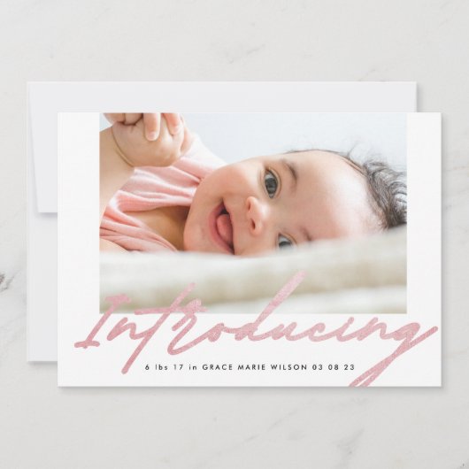 Carte Modern Blush Introducing Hand Written Photo Baby (Devant)