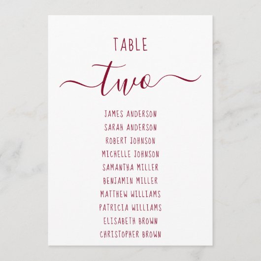 Carte Modern Burgundy Script White Seating Chart Card (Devant)