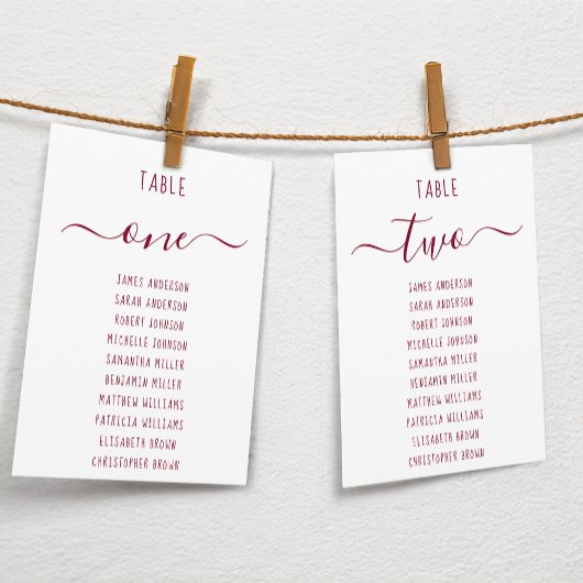 Carte Modern Burgundy Script White Seating Chart Card
