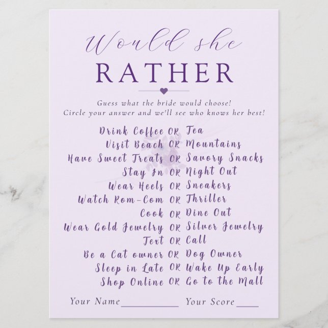 Carte Modern Floral Would She Rather Bridal Shower Game  (Devant)