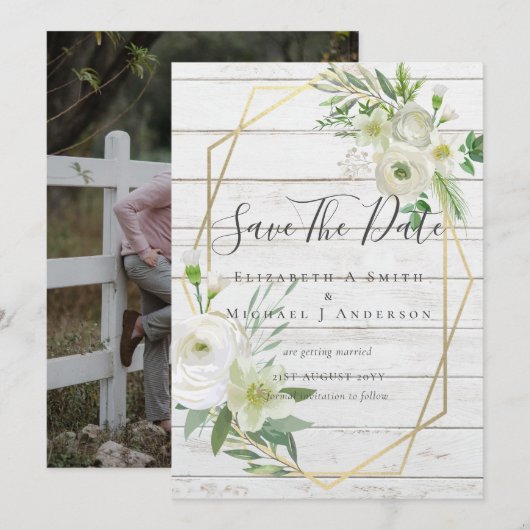 Carte Modern Photo Save Dates White Floral Greenery Leaf (Devant / Derrière)