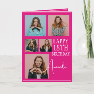 Carte Modern Pink 5 Photo Collage 18e anniversaire