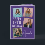 Carte Modern Purple 4 Photo Collage 18e anniversaire<br><div class="desc">Célébrez un anniversaire marquant avec un collage de quatre photos moderne et élégant. Ce design capture des souvenirs chéris et ajoute une touche personnelle à une célébration du 18ème anniversaire,  en faisant un souvenir à trésor.</div>