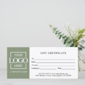 Carte Modern Sage Green Business Logo Gift Certificate (Debout devant)