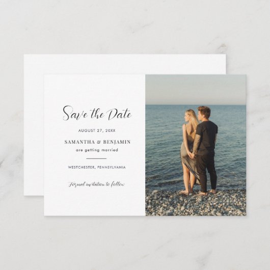 Carte Modern Script Photo Wedding Enregistrer la date (Devant / Derrière)