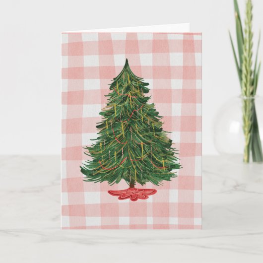 Carte Modern Watercolor Christmas Tree Pink Gingham Card (Devant)
