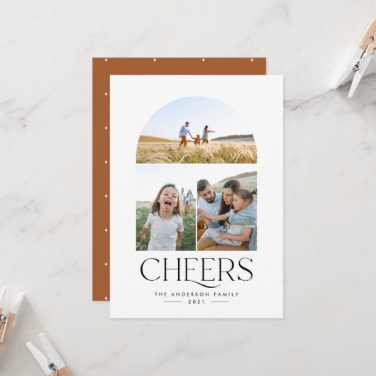 Carte Moderne 3 photo rouille élégante typographie Noël (Devant/Arrière en situation)