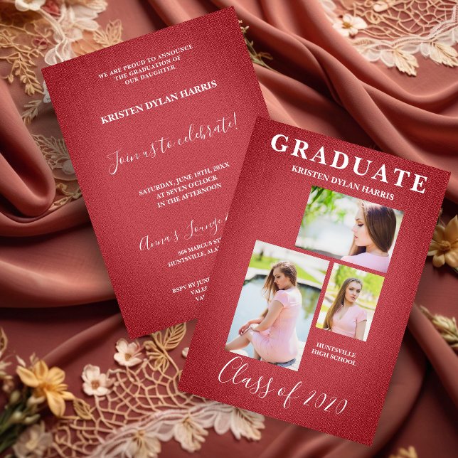 Carte Moderne 3 Photos Collage Tissu Grad Texture (Red Modern 3 Photos Collage Graduation Fabric Texture Effect Invitation Card  with Envelope.)