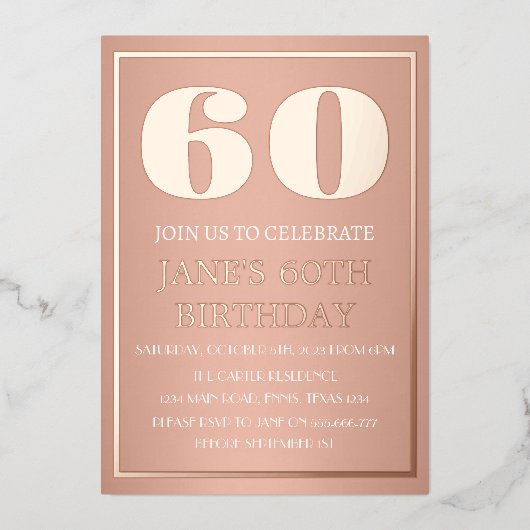 Carte moderne 60 ans Anniversaire Rose Gold Feuill (Recto)