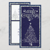 Carte moderne Argent et Arbre de Noël bleu (Devant / Derrière)