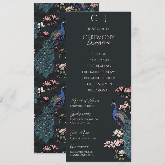 Carte moderne Black Floral Peacock Programme de ma (Devant / Derrière)