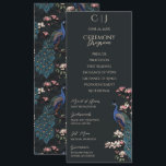 Carte moderne Black Floral Peacock Programme de ma<br><div class="desc">Ce programme de mariage élégant et moderne à un côté noir présente des illustrations à la main fleuries rustiques d'un oiseau paon bleu et turquoise, perché sur une branche d'un magnolia en pleine floraison, présentant des fleurs de magnolia crème et rose vif, le tout contre un arrière - plan noir...</div>