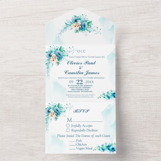 Carte moderne Blue Floral Wedding Invitation & RSV (À l'intérieur)