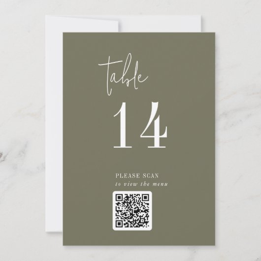 Carte Moderne Chic Olive Green QR Code Numéro de tableau (Devant)