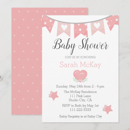 Carte Moderne Coeur rose bébé fille Baby shower Invitati (Devant / Derrière)
