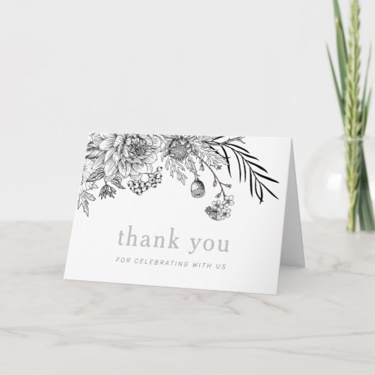Carte moderne de remerciement à motif floral noir (Devant)
