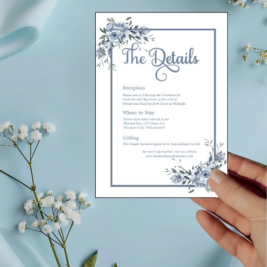 Carte moderne Dusty Blue Floral Mariage Détails