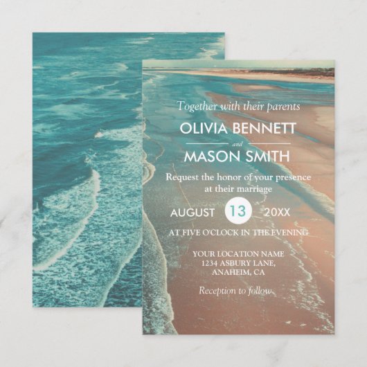 Carte moderne Fade Tropical Beach Sea Mariage Card (Devant / Derrière)