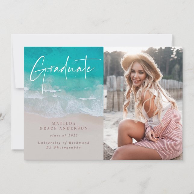 Carte Moderne graduation photo plage de l'océan script m (Devant)