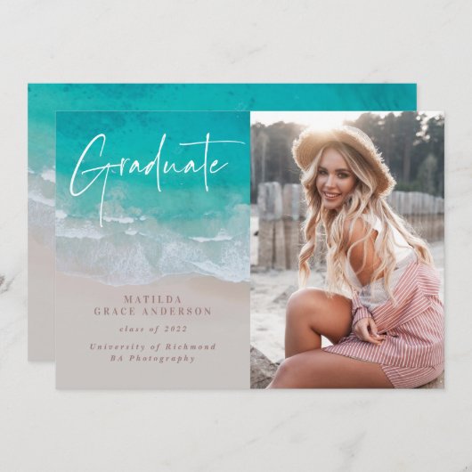Carte Moderne graduation photo plage de l'océan script m (Devant / Derrière)