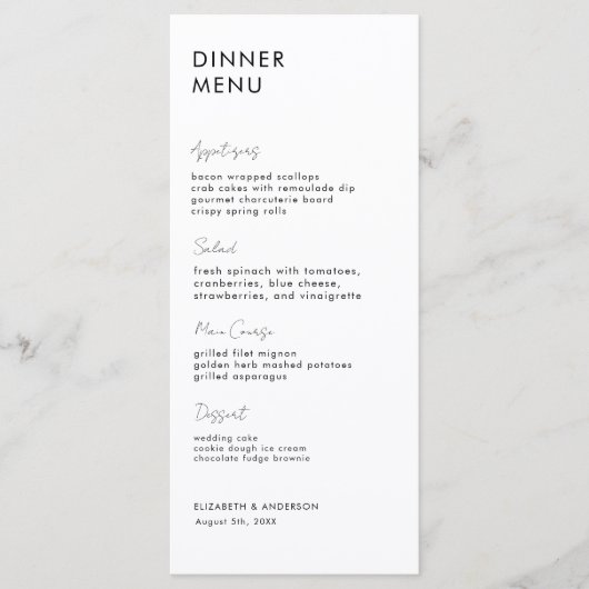 Carte moderne manuscrite noir et blanc pour dîner (Devant)