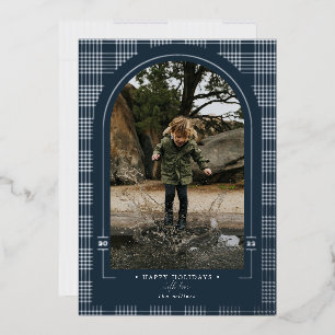 Carte moderne Plaid Navy & Silver Foil Holiday Car