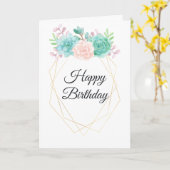 Carte Moderne rose et vert Succulents Aquarelle Annivers (Fleur jaune)