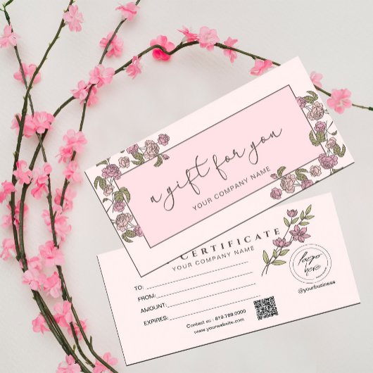 Carte Moderne Rose Floral Ajouter Logo Certificat cadeau
