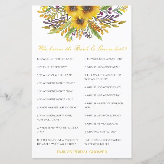 Carte modifiable Qui connaît le mieux la mariée et (Devant)