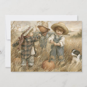 Carte Moisson Automnale Vintage Enfants Épouvantail Citr