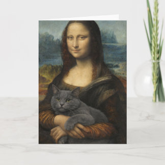 Carte Mona Lisa Holding Elegant Gray Cat                