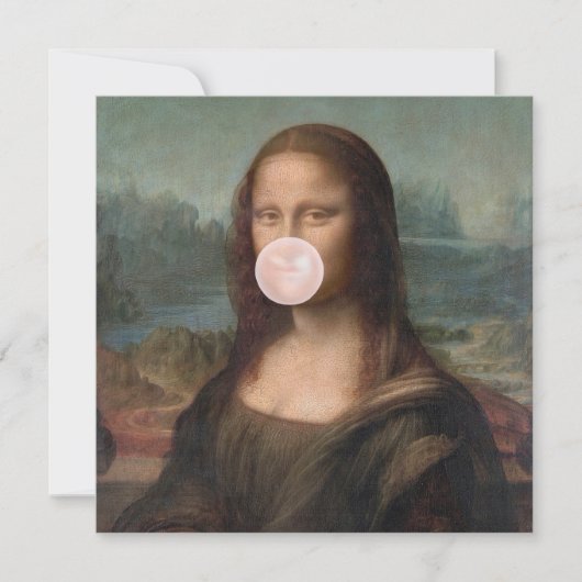 Carte Mona Lisa soufflant un bubble gum rose (Devant)