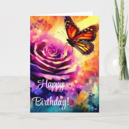 Carte Monarque Papillon violet Rose coucher de soleil Ca (Devant)