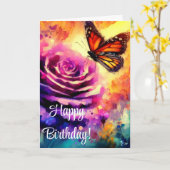 Carte Monarque Papillon violet Rose coucher de soleil Ca (Fleur jaune)