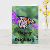 Carte Monarque sur la fleur pourpre, joyeux anniversaire (Fleur jaune)