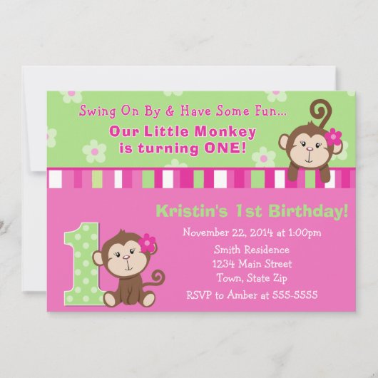 Carte Monkey Girl 1er Anniversaire Invitation 5x7 (Devant)