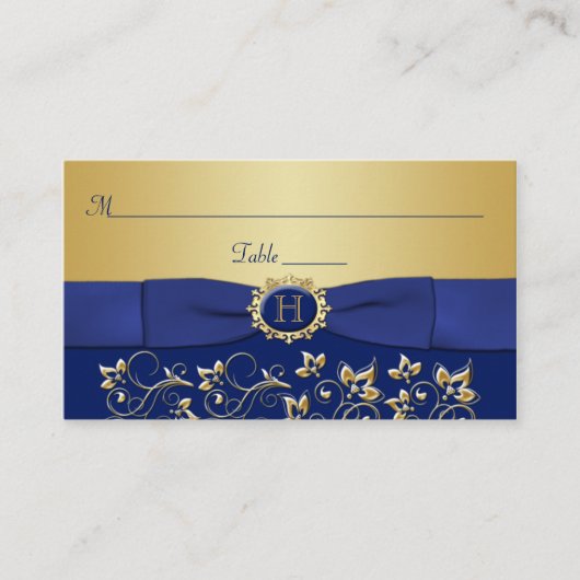 Carte Monogram Blue Gold Floral Place (Devant)