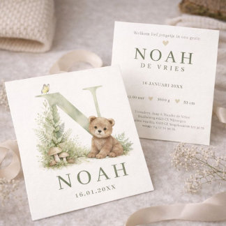 Carte Monogram N Beer Bosdier Waterverf Geboortekaartje