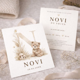 Carte Monogram N Beer Neutraal Woodland Geboortekaartje