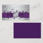 Carte Monogram Purple Silver Floral Place (Devant / Derrière)