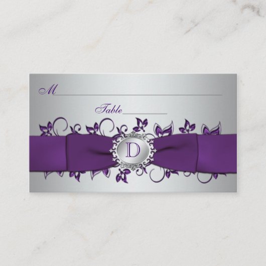 Carte Monogram Purple Silver Floral Place (Devant)