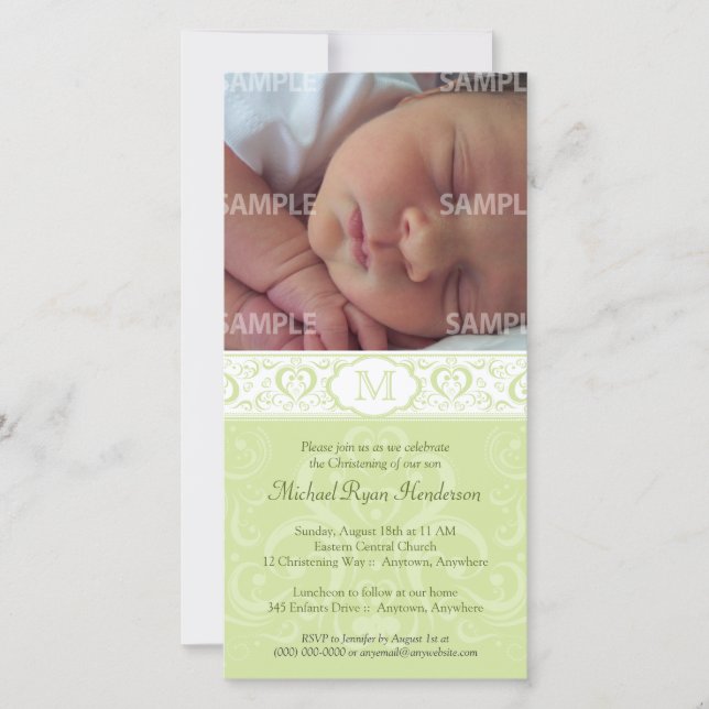 Carte Monogramme Damas vert Baptême/Christening (Devant)