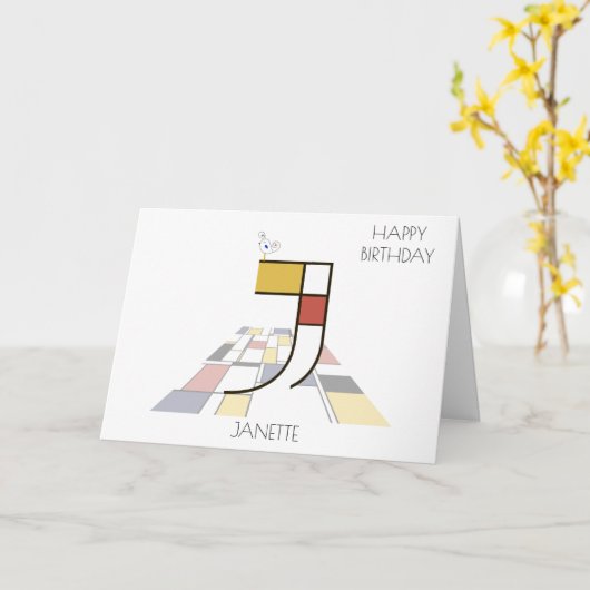 Carte Monogramme de style néoplasticisme. Lettre J (Fleur jaune)