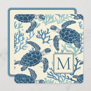 Carte Monogramme de tortues marines bleues et crémeuses