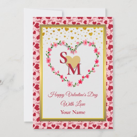 Carte Monogramme floral Saint-Valentin avec cœur doré (Devant)