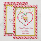 Carte Monogramme floral Saint-Valentin avec cœur doré (Devant / Derrière)