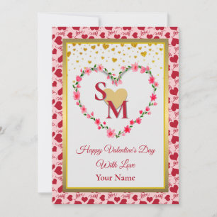 Carte Monogramme floral Saint-Valentin avec cœur doré