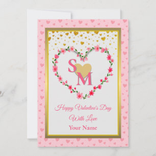 Carte Monogramme Floral Saint-Valentin avec Cœur en Or