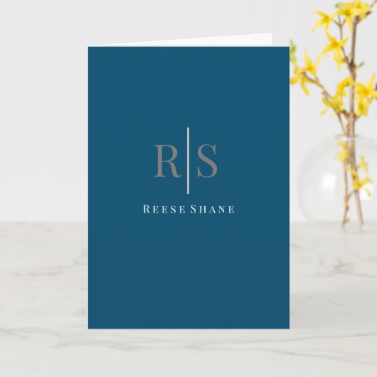 Carte Monogramme gris tendance et nom blanc, bleu océan (Fleur jaune)