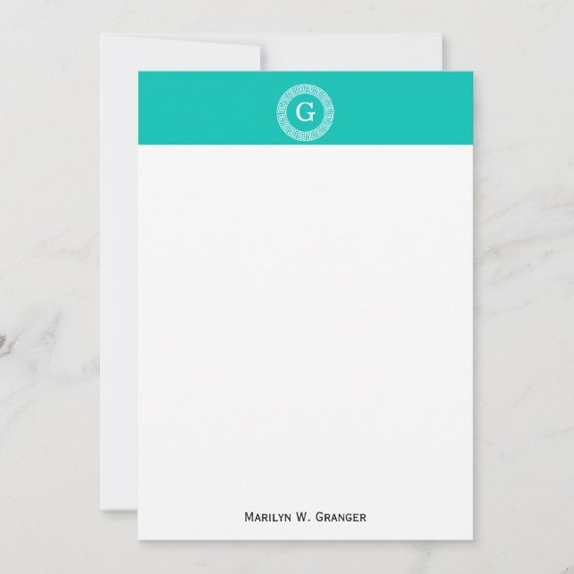 Carte Monogramme initial turquoise Wht Key grecque (Devant)